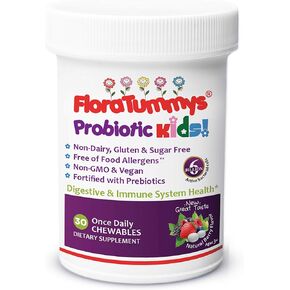 Kids Chewable Probiotic Prebiotics: Non-Dairy, Gluten & Sugar-Free, Peanut & Soy Free, Non-GMO, Tested & Free of Food Allergens, Vegan, Kosher, Berry Flavor(1 Bottle)