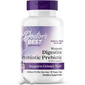 Doctor's BEST Womens Digestive Probiotic Prebiotic with Cranberry and PreforPro (4 Billion CFU), Supports Urinary Tract, Non-GMO, Vegan 30 Veggie Caps