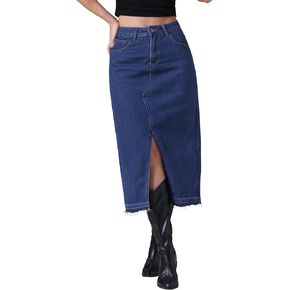Women's Denim Skirt High Waist Front Slit Raw Trim Hem Pencil Skirt with Pockets Midi Jean Skirts