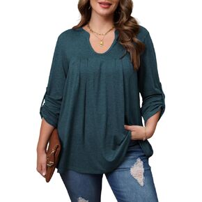 Women's Plus Size Tops V Neck Roll Up 3/4 Sleeve Tunic Pleated Casual Shirts Trendy Dressy Flowy Going Out Blouse