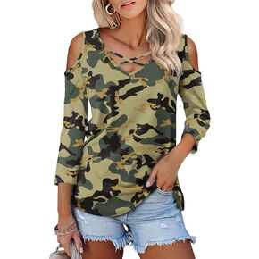 Amoretu Womens Summer Shirts 3/4 Long Sleeve V Neck Criss Cross Cold Shoulder Tops Blouse