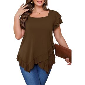 Beauhuty Womens Plus Size Shirts Square Neck Tops Ruffled Hem Tunic Casual Flowy Dressy Blouses Ruffle Short Sleeves Summer in Kuwait