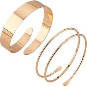 2pcs Arm Cuff Jewelry for Women, Adjustable Gold Arm Cuff Upper Arm Cuff Bangle Minimalist Gold Metal Coil Arm Cuff Bracelets Stackable Geometric Jewelry Gold Arm Band for Women