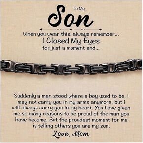 Stainless Steel Mom to Son Cuban Bracelet - Proud of You, Sentimental Quote for Son's Wedding, Graduation, Birthday, Black