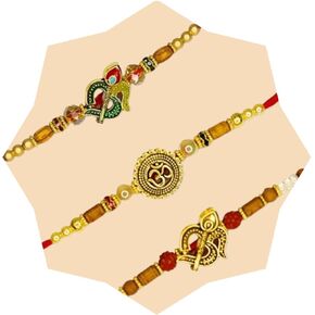 مجموعة من 3 ممتازة Golden Om Rakhi للأخ و Bhabhi | Rakhi for Brother | Rakhi Stet for Brother | راخي | راكشا باندهان راخي