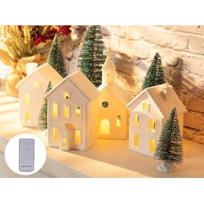 9 Pcs Christmas Village Figurines Sets - 4 Lighted Ceramic Houses with Remote Control & 5 Trees - Christmas Decorations Indoor - White Xmas Holiday Farmhouse Rustic Decor for Home Table Room