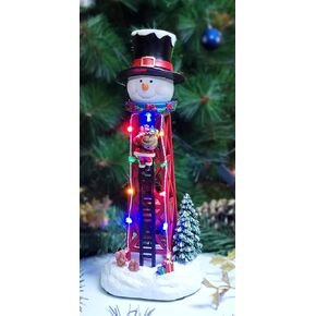 12.44 "H Polyresin Christmas Village Snowman مع Top Hat Water Tower LED LED Battery تعمل بوليريسين مرسومة باليد