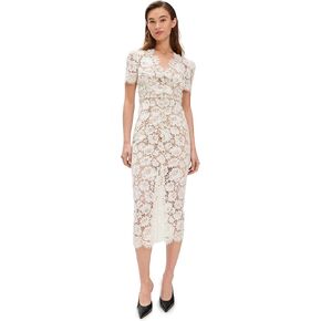 Women's Cream Fine Lace Pearl Midi Dress