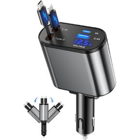 شاحن سيارة قابل للسحب، شاحن سيارة سريع الشحن 4 في 1 USB-C وUSB-A متوافق مع iPhone 16/15/14/13/12/11 وGalaxy وPixel