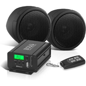 BOSS Audio Systems MCBK520B Motorcycle 3 Inch Stereo Speakers and Amplifier Audio Sound System - Bluetooth 2 Channel Amplifier, Weatherproof, FM Tuner, USB, SD, Auxiliary In, ATV UTV Compatible