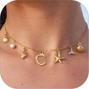 SLOONG Initial Charm Necklace for Women, Beach Pendant 14K Gold Plated Letter Neckalces Freshwater Pearl Choker Boho Summer Jewelry Gifts