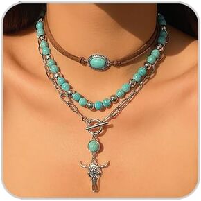 Western Necklaces for Women Turquoise Beaded Layered Chain Necklaces Boho Cowgirl Hat Boots Pendant Western Necklace Country Concert Cowgirl Dresses Accessories
