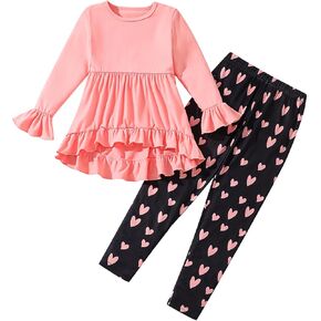 Hilinker Toddler Girls 2 قطعة ملابس الكشكش أعلى الأكمام الطويلة وسروال طماق