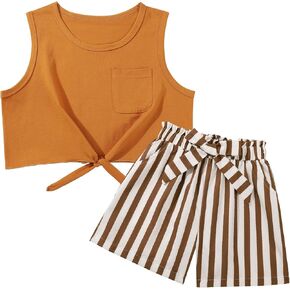 WISREMT Shorts and Top Set Girls Tie Knot Crop Tank Tops 2 Piece Summer Clothes Set with Pockets Kids Vacation Outfits 8-14Y