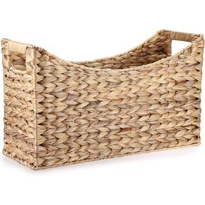 BTSKY Woven Magazine Holder, Water Hyacinth Magazine Basket, Natural Storage Basket Bin for Books & Files, Bathroom Magazine Rack with Built-in-Handle for Home, Office & Desk - 17x6.5x9.8 Inch