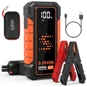 S ZEVZO A11 5500A Car Battery Jump Starter, 88.8Wh Battery Jumper Starter Portable (All Gas & 10.0L Diesel Engines) 12V Lithium Jump Box with LCD Display, 3 Modes Flashlight, USB Quick Charge and Case