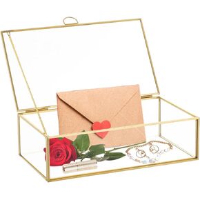 Maopiner Vintage Gold Glass Jewelry Box ، 7.8 × 4.3 × 2.3 بوصة منظم عرض زجاجي مزخرف مع غطاء ، تصميم مستطيل واضح للحلقات ، الأساور ، الأقراط