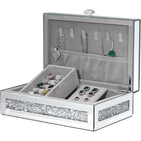 Mirrored Jewelry Box with Lid,Crushed Diamonds Silver Glass Surface,Bling Rhinestone mirror jewlery box for women,Gift Idea(9.3" x 6.2" x 3.2")