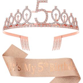 5th Birthday Decorations for Girls,Rose Gold Glitter Sash & Rhinestone Crown for 5 Year Old Girl Birthday Decor,Ideal Princess Gifts and Accessories for Little Birthday Girl(Rose Gold 5th)