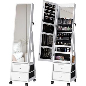YESHOMY Jewelry Cabinet with Full Length Makeup Mirror, 4 Swivel Wheels, 2 Drawers, Lockable Cosmetics Storage Armoire, White