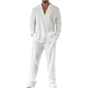 GORGLITTER Men's 2 Piece Linen Suit Long Sleeve Button Down Shirt and Pants Sets Walking Suits