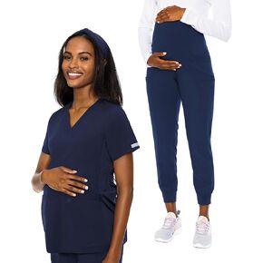 Med Couture Medical Scrub Set for Women Maternity V-Neck Top MC628 Maternity Jogger MC029 with Jersey Knit for Belly Coverage, Navy - S Top/S Pant