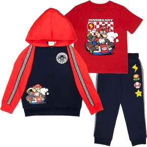 Nintendo Mario Kart Boys 3-Piece Set - Graphic Zip-Up Hoodie, T-Shirt & Sweatpants - Super Mario Outfit for Kids