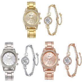 3 Pcs Elegant Diamond Watches and Bracelet Set for Women Classic Round Dial Rehinestore Bezel Analog Quartz Ladies Watches