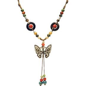 Native American Necklaces for Women Bohemian Colorful Ceramic Beaded Funky Fashion Boho Hippie Jewelry Statement Long Strand Pendant Necklace With Butterfly for Ladies Dressy Summer