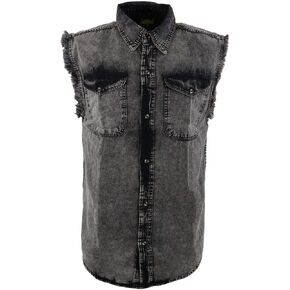 Milwaukee Leather MNG11683 Men’s Classic Beige/Black Button-Down Cut Off Frayed Sleeveless Casual Shirt