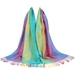 Colorful Pashmina Shawls and Wraps - Soft Rave Scarf Jacquard Silk Satin Rainbow Scarf with Tassels