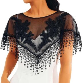 EVILD Women's Mesh Capelet Black Evening Dress Shrug Embroidered Flowers Cape