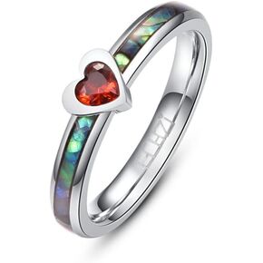 Abalone Shell Inlay Stainless Steel Rings Dainty Love/Heart Band Wedding red Cubic Zirconia Cz 3mm Ring for Women Her Teens Girls Girlfriend Size 6 to 10