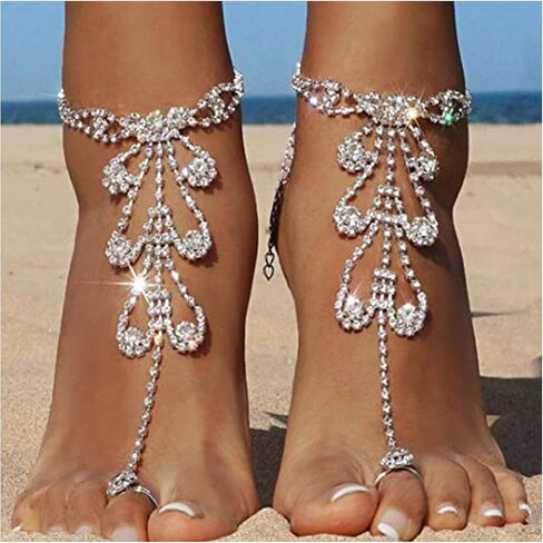 1Pair Summer Beach Rhinestone Leaf Barefoot Sandals Foot Chain Jewelry Wedding Crystal Leg Bracelet Toe Jewelry Bikini Rhinestone Multi-layer Anklet Shoe Chain for Women in Saudi Arabia