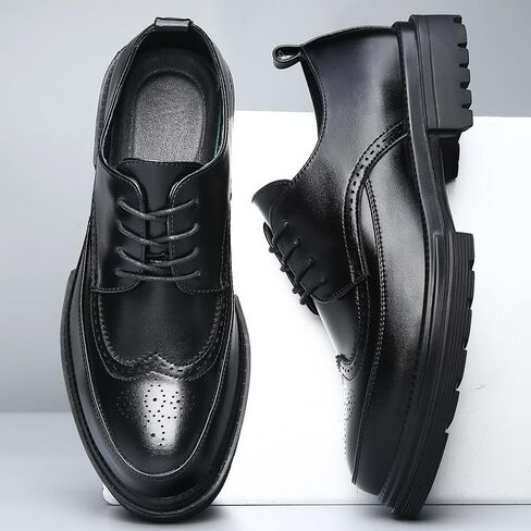 منصة الرجال ، فستان أحذية خمر من الجلد Brogue Wingtip Oxfords Classic Lace-Up Lug Sole Derby Shoes Derby in Kuwait