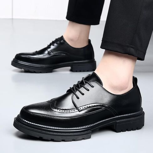 منصة الرجال ، فستان أحذية خمر من الجلد Brogue Wingtip Oxfords Classic Lace-Up Lug Sole Derby Shoes Derby in Kuwait