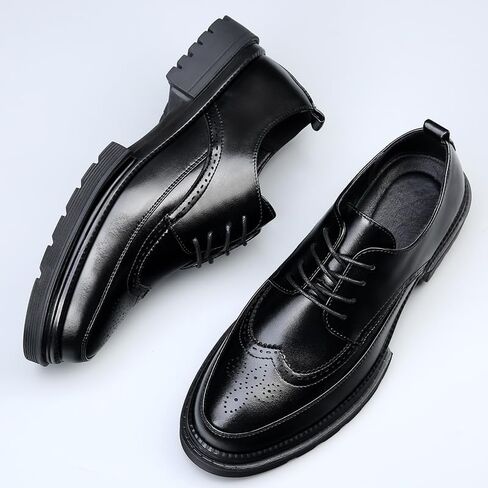 منصة الرجال ، فستان أحذية خمر من الجلد Brogue Wingtip Oxfords Classic Lace-Up Lug Sole Derby Shoes Derby in Kuwait