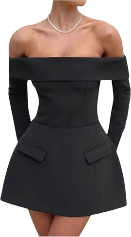 SOLY HUX Women's Off The Shoulder Mini Dress Long Sleeve A Line Elegant Cocktail Party Dresses in Kuwait