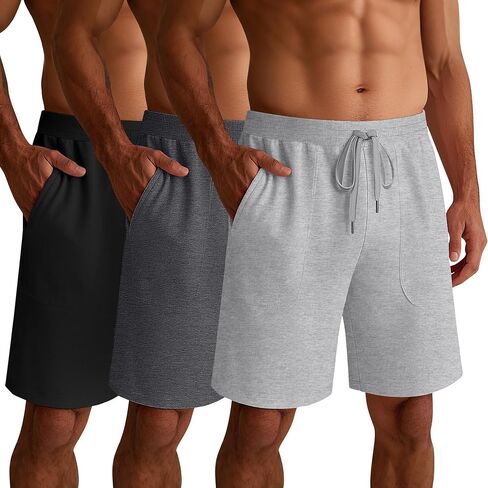 Ficerd 3 Pack Men's Big and Tall Cotton Lounge Pajama Casual Drawstring Jersey Shorts with Pockets PJ Gym Summer Clothes in Saudi Arabia