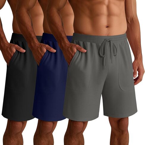 Ficerd 3 Pack Men's Big and Tall Cotton Lounge Pajama Casual Drawstring Jersey Shorts with Pockets PJ Gym Summer Clothes in Saudi Arabia