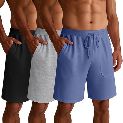 Ficerd 3 Pack Men's Big and Tall Cotton Lounge Pajama Casual Drawstring Jersey Shorts with Pockets PJ Gym Summer Clothes in Saudi Arabia