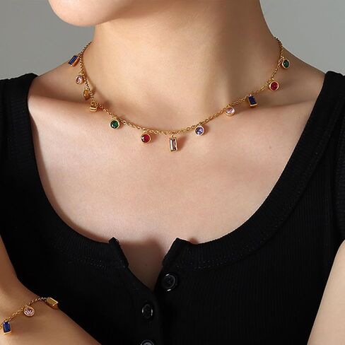 Gold Charm Pendent Choker Necklace for Woman, Boho Dainty Gemstone CZ Rhinestone Dangle Chain Necklaces Prom Fashion Jewelry Wedding Gift in Kuwait