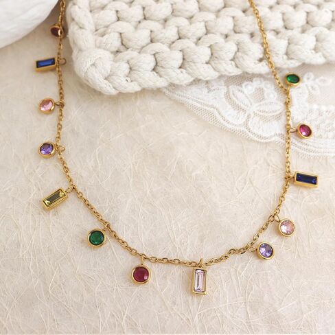Gold Charm Pendent Choker Necklace for Woman, Boho Dainty Gemstone CZ Rhinestone Dangle Chain Necklaces Prom Fashion Jewelry Wedding Gift in Kuwait