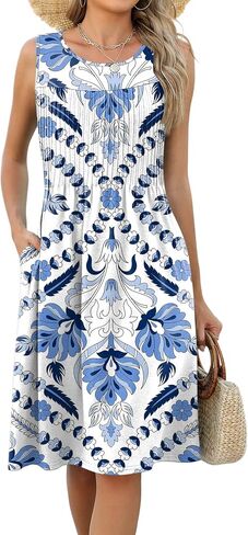 LOMON Womens Casual Summer Dresses Floral Beach Sleeveless Crewneck Pleated Tshirt Sundresses with Pockets in Saudi Arabia