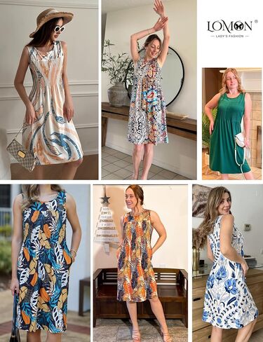 LOMON Womens Casual Summer Dresses Floral Beach Sleeveless Crewneck Pleated Tshirt Sundresses with Pockets in Saudi Arabia