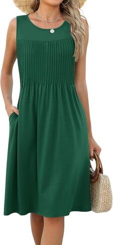 LOMON Womens Casual Summer Dresses Floral Beach Sleeveless Crewneck Pleated Tshirt Sundresses with Pockets in Saudi Arabia