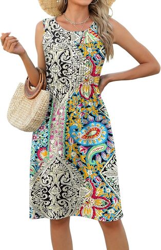 LOMON Womens Casual Summer Dresses Floral Beach Sleeveless Crewneck Pleated Tshirt Sundresses with Pockets in Saudi Arabia