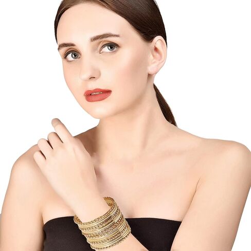 Touchstone "Colorful Collection Indian Bollywood Alloy Line Single Line Clear Rhinestone و Sensed Bangle Bangle Set من 18 بلهجة ذهبية عتيقة للنساء. in Kuwait