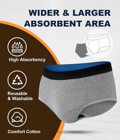 Incontinence Underwear for Men, 150ML Absorbent Washable Protective Leak Proof Reusable, Briefs 3 Pack (Multicolor01, Medium) in Saudi Arabia