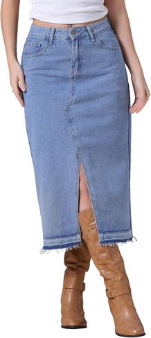 Women's Denim Skirt High Waist Front Slit Raw Trim Hem Pencil Skirt with Pockets Midi Jean Skirts in Kuwait